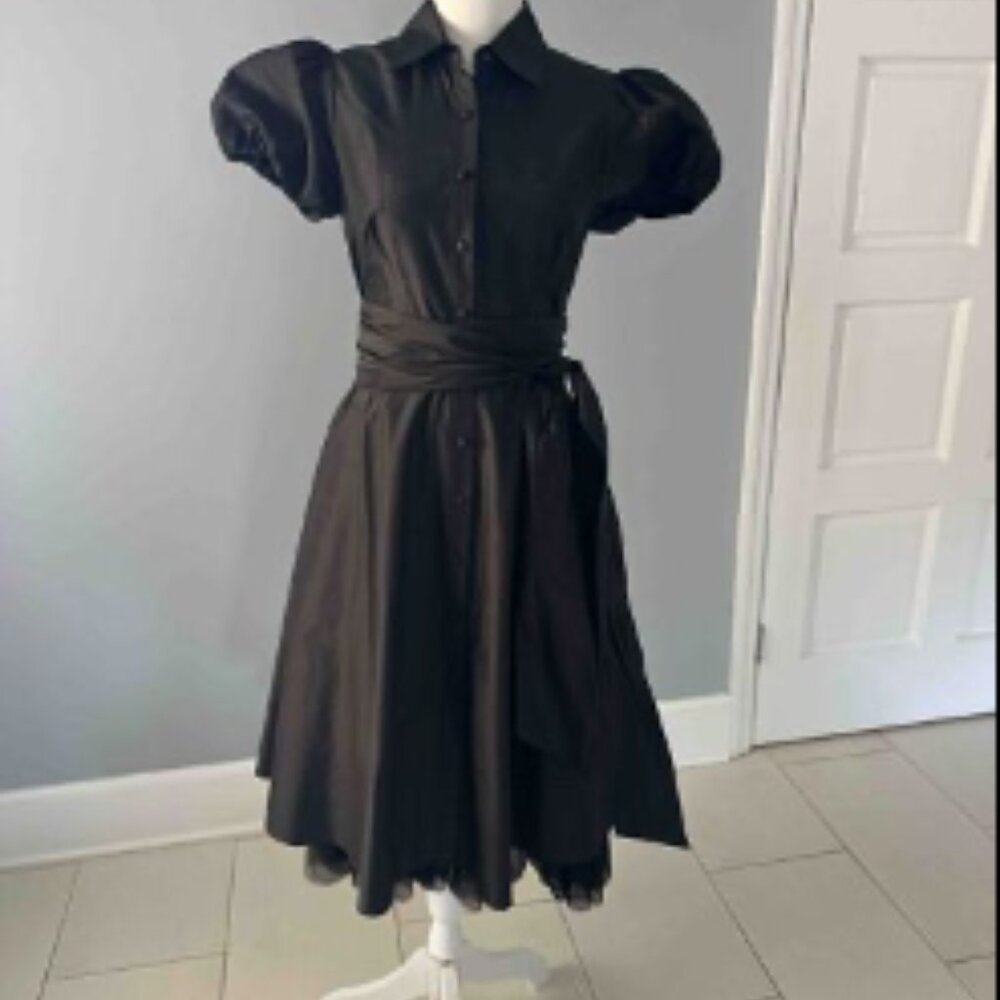 Vintage-Style Puff Sleeve Taffeta Shirt Dress with Tulle Underskirt
